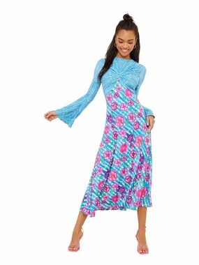 CeliaB Blue and Pink Floral Twist-Front Midi Dress